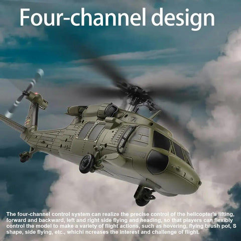 Dope Brushless RC Helicopter With 6 Axis Gyro And 4 Channel Control in flight against cloudy sky backdrop
