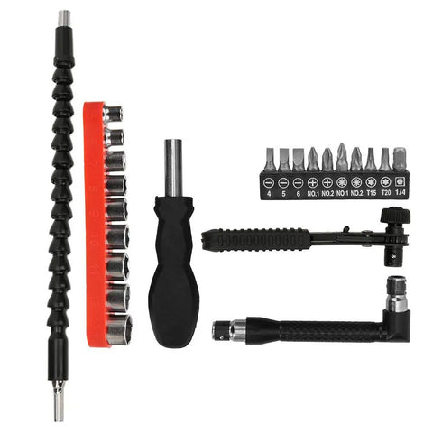 Get Your Hands On This Flex Shaft Bit Set With Premium Carbon Steel Screws, Ideal For Precision Electronics Repair And Heavy Duty Drill Jobs Including Computers Watches And Jewelry Tasks In A Solid 23 Pc Kit For Any DIYer Or Pro. 23-piece carbon steel flex shaft bit set with driver, socket bits, and bendable extension