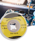 Desoldering Wick 1.5mm By 1.5m For Pro Grade BGA Removal With Tight Weave Solder Absorption shown with soldering tool and PCB.