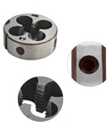 Close-up view of M10 X 1.5mm metric die from tap and die set for metal working and repair, showing threading detail and material quality.
