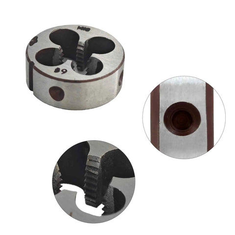 Close-up view of M10 X 1.5mm metric die from tap and die set for metal working and repair, showing threading detail and material quality.