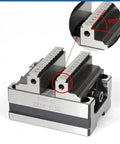 Badass High Precision Self Centering CNC Vise Four Turn Table Fixture With 0.03Mm Accuracy showing a side view with jaws and scale.