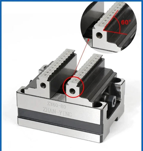 Badass High Precision Self Centering CNC Vise Four Turn Table Fixture With 0.03Mm Accuracy showing a side view with jaws and scale.