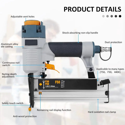 Straight Shooting Pro Level Heavy Duty Pneumatic Air Nailer For Carpentry And Fences With Adjustable Depth Control And Ergonomic Handle Accepts T50 F50 440K Fasteners