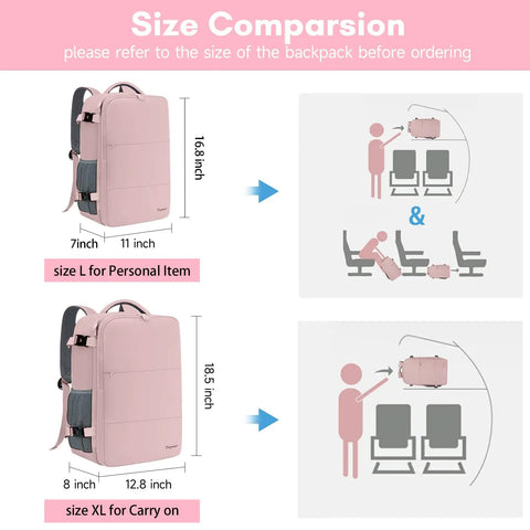 Size comparison of pink Women Travel Backpack Carry On With Shoe Compartment And Water Bottle Pocket, TSA 15.6 Inch Laptop, Flight Approved