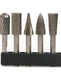 Five Piece 1/4 Inch Hex Shank High Speed Steel Rotary Burr File Set For Clean Wood Carving And Fast Trimming With Heavy Duty Construction And An Absolute Toolbelt Essential Kit showing assorted cutter shapes and sizes.