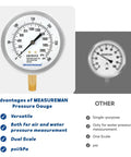 Fire System Pressure Gauge Kit 3.5 Inch Zero To 300 PSI Dual Scale With Quarter Inch NPT Lower Mount and comparison chart