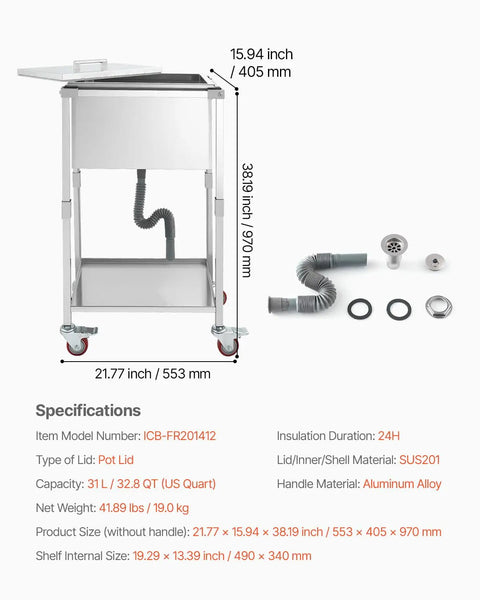 Rolling Ice Chest Cooler Cart With Stainless Steel Build On Wheels 32.8 Quart Drop In Ice Bin Outdoor Stand Up Party Ready Cooler Trolley With Shelves For Patio Backyard Parties And Bar Cold Drinks, shown with specifications and measurements.