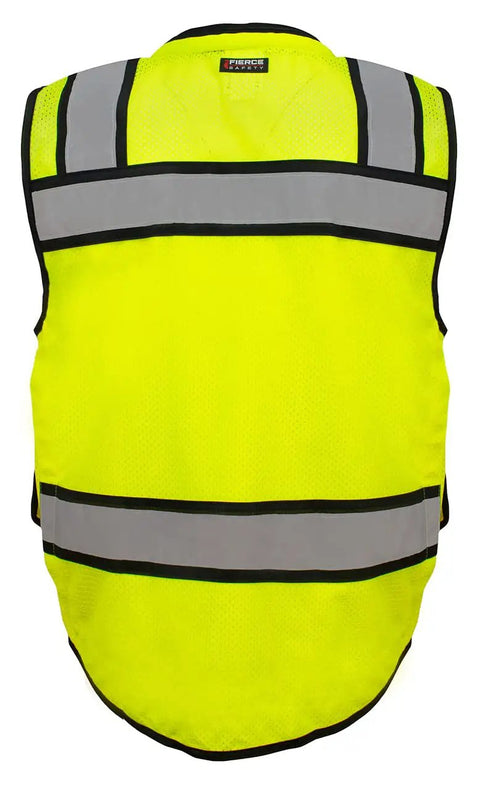 Class 2 High Visibility Safety Vest In Neon Green With Hella Breathable Mesh Back And No Sweat Neck Padding For Heavy Duty Construction Sites Demanding Top Tier ANSI Compliance, back view, reflective stripes, breathable material.