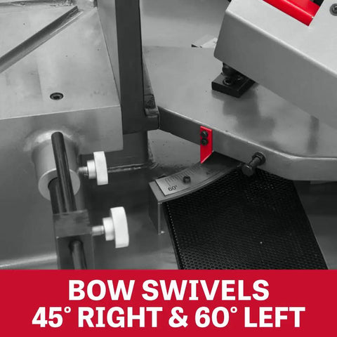 Badass 10 X 18 Inch Metal Cutting Dual Miter Horizontal Band Saw features bow swivels 45° right & 60° left for precise cuts.