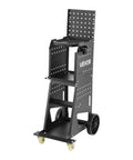 Rolling cart for Beefed Up Stud Welder Dent Puller Kit with perforated metal shelves and wheels for easy mobility.