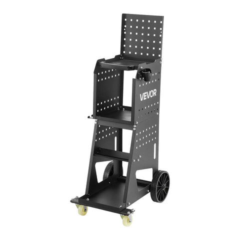 Rolling cart for Beefed Up Stud Welder Dent Puller Kit with perforated metal shelves and wheels for easy mobility.