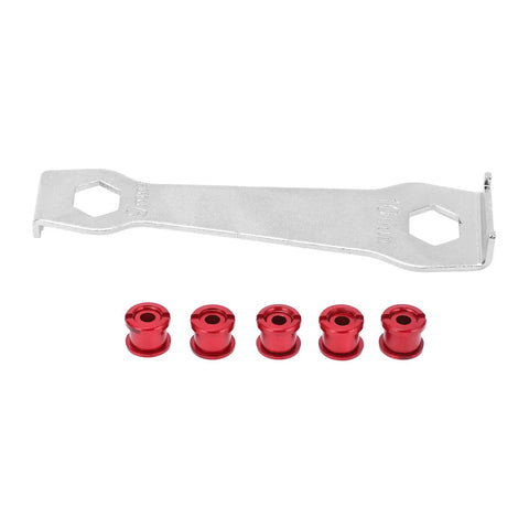 Aluminum Chainring Bolts And Nuts Kit With Wrench For Sprocket Fixing Red Anodized Crankset Screws 9mm And 10mm Hex Road Bike Parts Built For Easy No Fuss Install Secure Fit Pro Grade Performance. Red aluminum chainring bolts and wrench set, 5-piece road bike crankset hardware