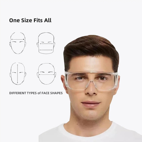 Boss Level Anti Fog Safety Glasses 10 Pack Impact Resistant Over Frames worn by a man showing fit for different face shapes.