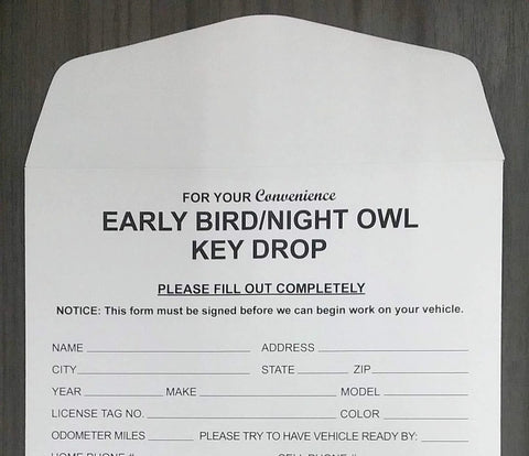 Front view of a white 6x9 key-drop envelope with vehicle info form and signature fields