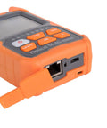 Front view of orange OFCN mini 4-in-1 fiber-optic power meter with visual fault locator