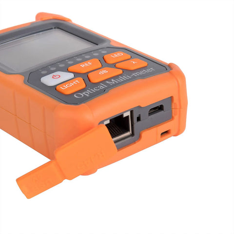 Front view of orange OFCN mini 4-in-1 fiber-optic power meter with visual fault locator