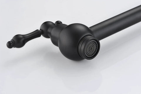 Close-up of Bronze Pot Filler Faucet Wall Mount With Dual Swing Joints And 24 Inch Extension Oil Rubbed Bronze Finish Water On Demand