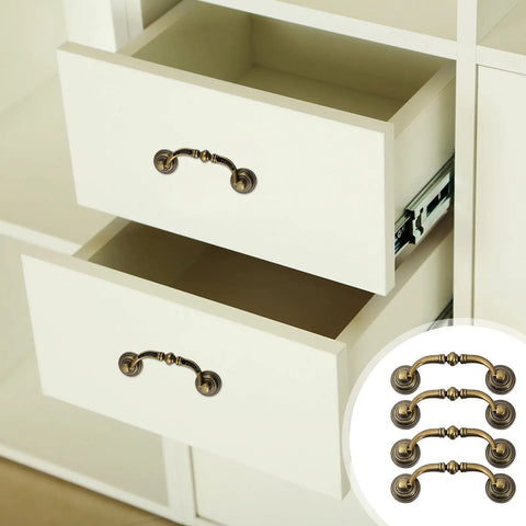 Four Piece Old School Vintage Drawer Pulls Set Antique Wardrobe Handles Alloy Cabinet Hardware on white drawers