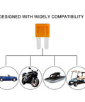Micro2 Fuse Tap Assorted Pack Includes 35 Pieces Rated 5A To 30A With Tin Plated Terminals For Smooth Install And Kickass Circuit Protection On Your Daily Driver Or Custom Truck Build, showing orange fuse with compatibility info.