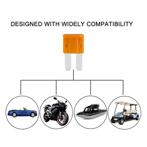 Micro2 Fuse Tap Assorted Pack Includes 35 Pieces Rated 5A To 30A With Tin Plated Terminals For Smooth Install And Kickass Circuit Protection On Your Daily Driver Or Custom Truck Build, showing orange fuse with compatibility info.