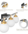 Mid Century Modern Bathroom Vanity Light Fixture Set With Three Lights Milky White Glass Shades Black And Gold Finish