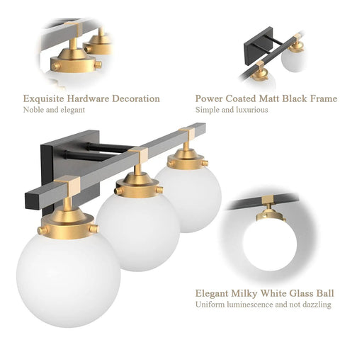 Mid Century Modern Bathroom Vanity Light Fixture Set With Three Lights Milky White Glass Shades Black And Gold Finish