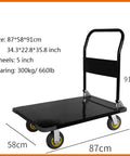 Heavy Duty Folding Hand Truck With All Way Swivel Wheels And Reinforced Steel Base, 87x58cm, 5-inch wheels, 300kg capacity.