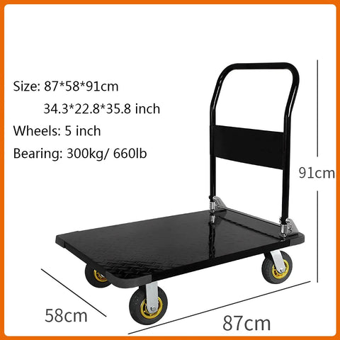 Heavy Duty Folding Hand Truck With All Way Swivel Wheels And Reinforced Steel Base, 87x58cm, 5-inch wheels, 300kg capacity.