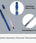 Pocket Lab Thermometer With Dual Reading Liquid In Glass For Field And Home Use, -40 To 50 C And -40 To 120 F, 6.25 Inches, Full Immersion, Red Alcohol Fill, Accurate To 1 C For Quick Readouts. Blue clip-on liquid in glass lab thermometer