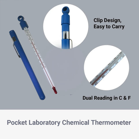Pocket Lab Thermometer With Dual Reading Liquid In Glass For Field And Home Use, -40 To 50 C And -40 To 120 F, 6.25 Inches, Full Immersion, Red Alcohol Fill, Accurate To 1 C For Quick Readouts. Blue clip-on liquid in glass lab thermometer