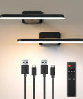 Rechargeable Wall Mounted Picture Light With Remote Control Featuring Three Color Modes And Adjustable Brightness For Gallery Grade Art Display Absolute Game Changer In Sleek Black Finish, showing two lights, cables, and remote.