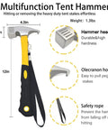 Image of multifunction tent hammer from Heavy Duty Tent Stakes Kit With Hammer And Pouch, detailing features like hammer head and olecranon hook.