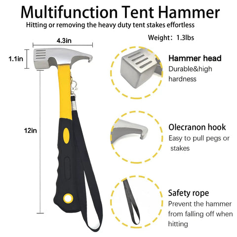 Image of multifunction tent hammer from Heavy Duty Tent Stakes Kit With Hammer And Pouch, detailing features like hammer head and olecranon hook.