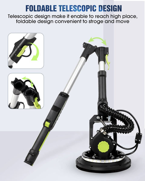 Foldable telescopic design of Powerful 7.2 Amp Drywall Sander With Vacuum Dust Collection LED Light 6 Speed Digital Display 900-1800 RPM