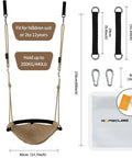 Hand Knitted Toddler Swing Seat With Adjustable Ropes, Light Brown, with straps, carabiners, and dimensions shown.