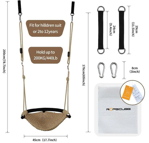 Hand Knitted Toddler Swing Seat With Adjustable Ropes, Light Brown, with straps, carabiners, and dimensions shown.