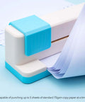 Close-up of adjustable 30 hole binding punch demonstrating paper insertion for discbound notebooks, featuring a blue accent