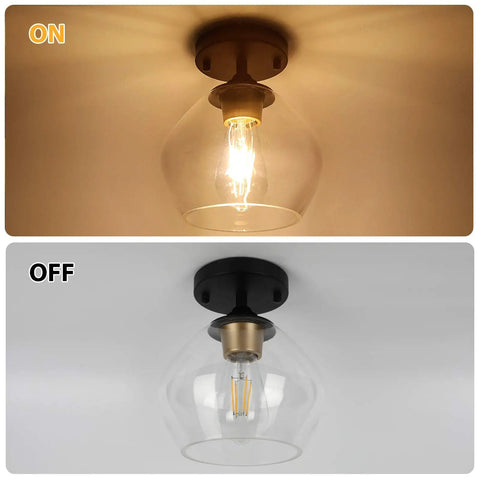 Modern Semi Flush Mount Ceiling Light With Clear Glass Shade, Industrial Close To Ceiling Fixture In Black shown on and off