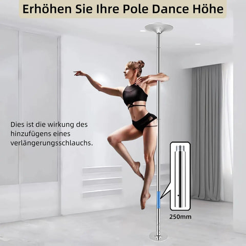 Pole Dance Extension Pole For 45mm Poles - 500mm Pro Grade Height Adjustable, Easy Install, dancer demonstrating pole use in studio.