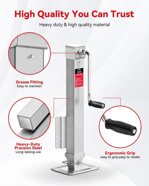 FZZD 8000-lb heavy-duty trailer jack, side view; steel frame with crank handle and 28.6-inch lift