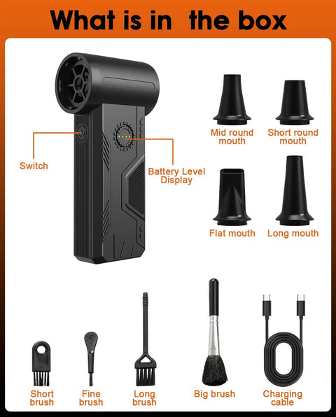 Cordless Turbo Air Duster With 110,000 RPM Brushless Motor, 5200mAh Battery, accessories including nozzles and brushes