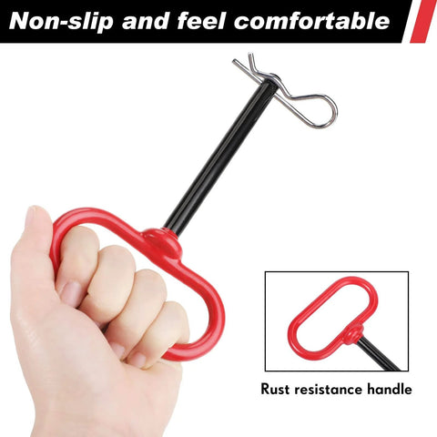 Hand holding 8 Pack Three Eighths By Four Inch Locking Trailer Hitch Pins With Clips And Handles, showing red handle and clip.