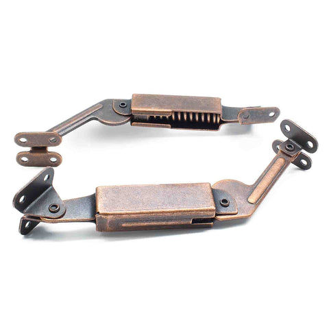 Spring Lid Hinge Set For Cabinets, Boxes, And Sofas, Left Or Right Mount, Down Support, Red Bronze Iron Finish