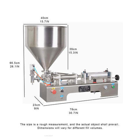 Pro Grade Semi Automatic Liquid And Paste Dispenser Pneumatic Piston Filling Machine With 30L Stainless Steel Hopper dimensions and design overview.