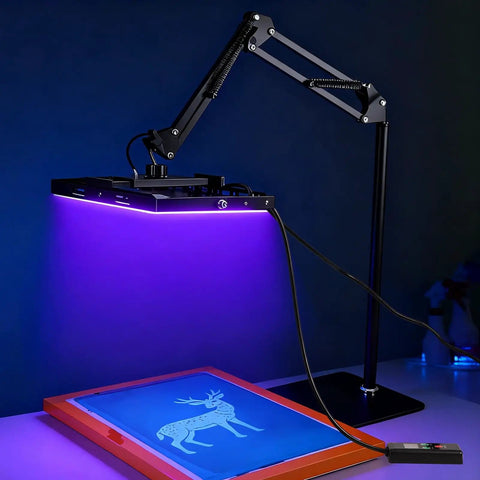 Powerful 100W LED UV Exposure Unit for Screen Printing with adjustable stand and built-in timing device in action