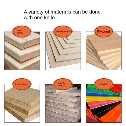 Image showing types of wood and plastic that the Beast Pro Grade CNC Spoilboard Surfacing Router Bit can work on, like solid wood and plywood.