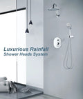 Rainfall And Handheld Shower System With Dope Spa Vibe Temperature Balanced Valve in chrome on bathroom wall