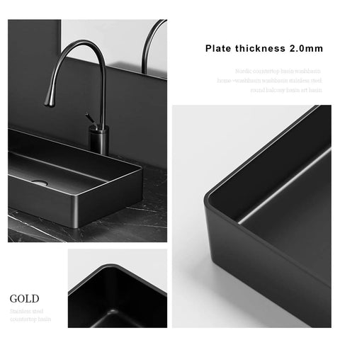 Modern Black 304 Stainless Steel Countertop Bathroom Sink Paired With Streamlined Faucet, Built Tough Thick Walls And Slick Scratch Resistant Surface For Everyday Family Use, close-up on sink and faucet.