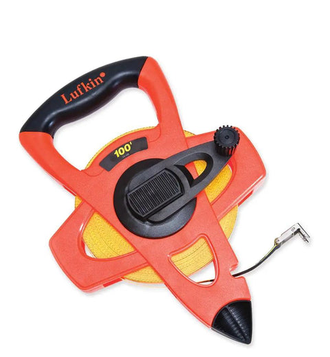 Hi-Viz Orange Fiberglass Tape Measure Half Inch By 60 Meters And 200 Feet Dual Sided SAE Metric With Open Four-Arm Frame